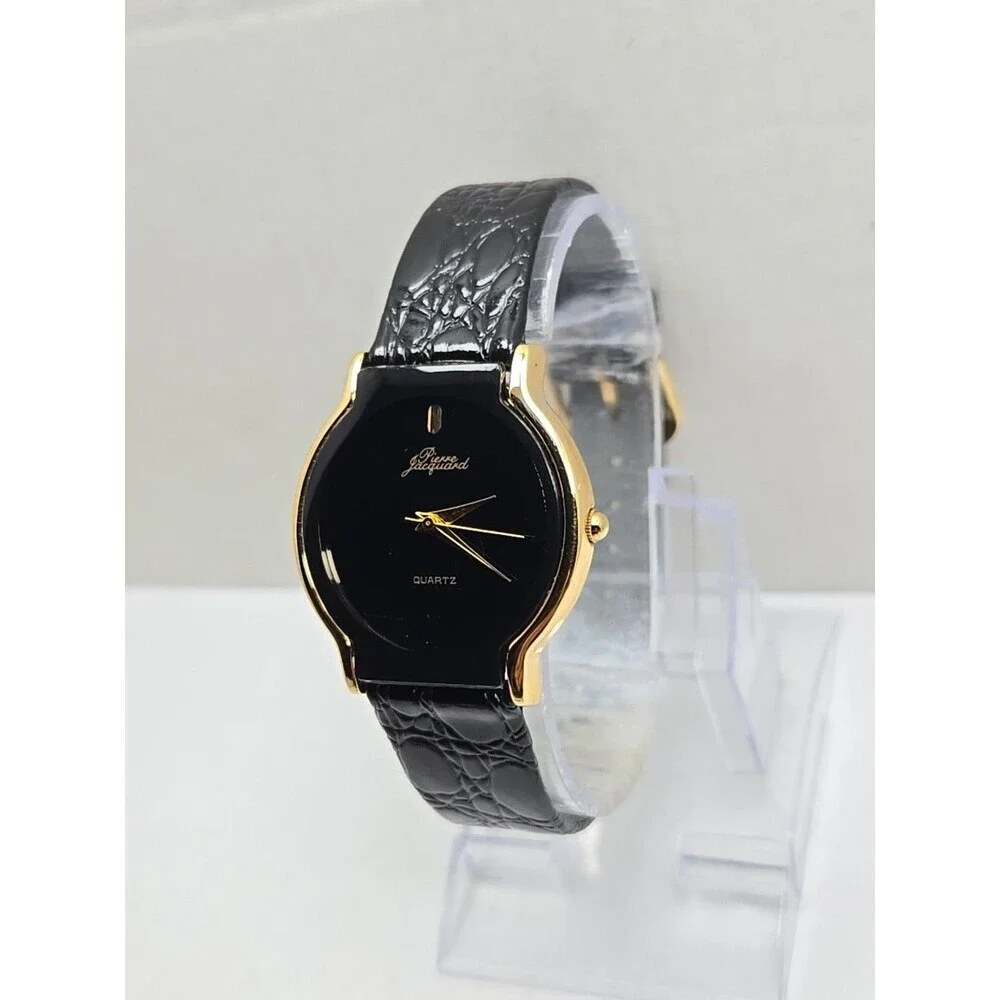 Pierre Jacquard Vintage Quartz Watch Black Dial Gold Tone New Battery Japan Mens